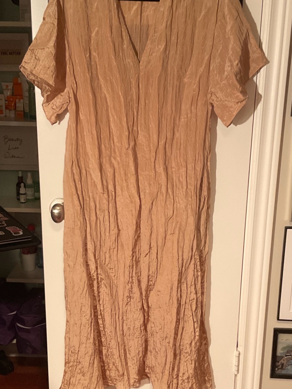 Vince Tan Crinkle V-Neck Slip Dress